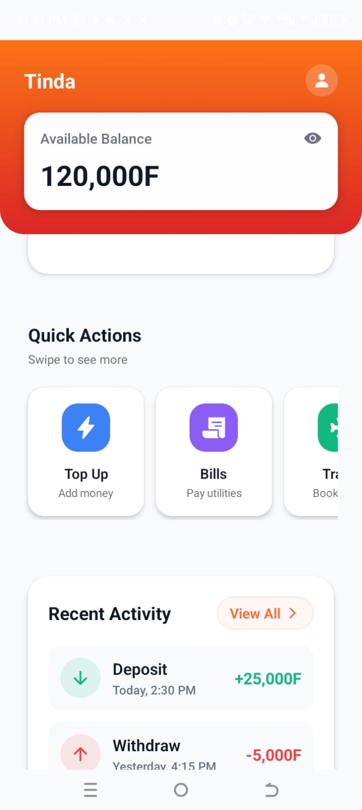 Interface Tinda - Tableau de bord principal
